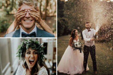 Коллаж из четырех фотографий с свадебной церемонии: жених с закрытыми руками, невеста с венком из зелени, жених и невеста в момент открытия шампанского, и невеста с букетом цветов